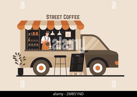 Illustration vectorielle du café Coffee Truck avec le barista. Illustration du site Web, de la page d'arrivée, de l'application mobile, de l'affiche et de la bannière. Illustration de Vecteur