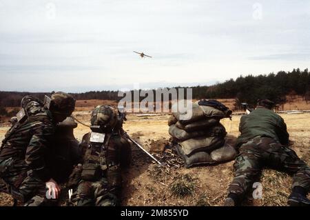 Marines tire plusieurs armes équipées d'un système d'interception laser intégré (MILES) à un drone d'avion modèle à la portée no 3 de l'école de base. Le drone est utilisé pour l'entraînement de défense aérienne d'infanterie. Base: Corps de marine base, Quantico État: Virginie (va) pays: Etats-Unis d'Amérique (USA) Banque D'Images