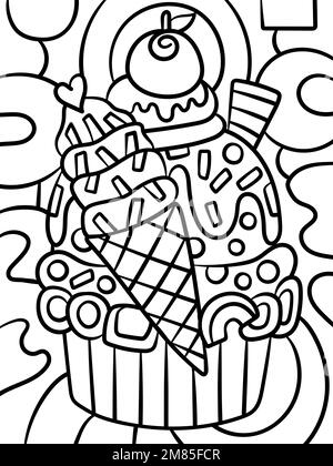 Page de coloriage des aliments de muffin sucré avec garnitures Illustration de Vecteur