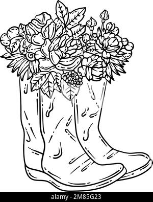 Bottes en caoutchouc fleur printemps adulte coloriage page Illustration de Vecteur