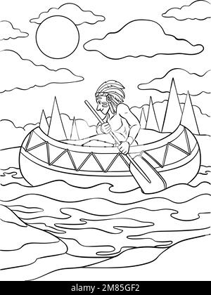 Page de coloriage de canoë amérindien Illustration de Vecteur