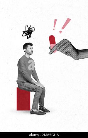 L'image de collage vertical des doigts de gros bras tient la pilule donne esprit mini gars noir blanc couleurs isolées sur fond créatif Banque D'Images