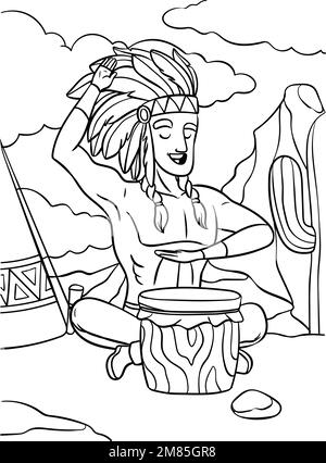 Amérindien avec Drum coloriage page Illustration de Vecteur