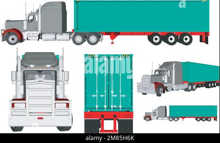 Camion utilitaire avec remorque à deux angles. Camion avec porte de chargement ouverte. Illustration vectorielle de style plat. Illustration de Vecteur