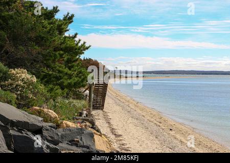 Vue vers le sud sur la plage sur le côté ouest de Nassau point depuis le bout de la route avec des casses de strars et un nid d'aigues regardant vers les s. Banque D'Images