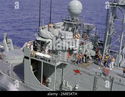 Les membres de l'équipage montent sur une ligne à bord de la frégate de missiles guidés australienne HMAS SYDNEY (FFG-03) observe les activités qui ont lieu au cours d'un exercice de reconstitution en cours avec le porte-avions à propulsion nucléaire USS CARL VINSON (CVN-70). Pays : Océan Pacifique (POC) Banque D'Images