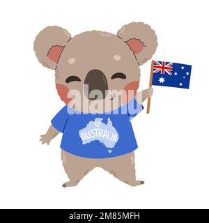 Happy Australia Day observé chaque année sur 26 janvier Koala avec drapeau dans un dessin main de dessin de dessin animé Illustration de Vecteur