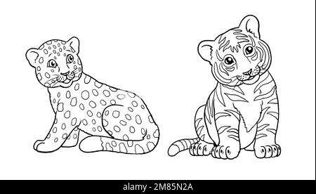 Jolis bébés léopard et tigre à colorer. Modèle pour un livre de coloriage avec des animaux amusants. Modèle de coloriage pour enfants. Banque D'Images