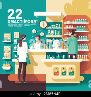 Modèle de publication pour les réseaux sociaux, pharmacien travaillant dans une pharmacie et espaces avec un texte de marque de réservation pas de mots réels Illustration de Vecteur