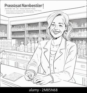 le vecteur noir et blanc en style de ligne représente une femme blanche souriante pharmacien debout derrière un comptoir de pharmacie avec le texte de marque de réservation no real wo Illustration de Vecteur