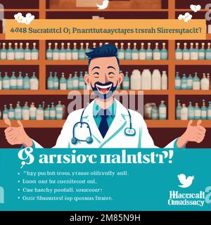 Modèle de publication pour les réseaux sociaux, pharmacien travaillant dans une pharmacie et espaces avec un texte de marque de réservation pas de mots réels Illustration de Vecteur