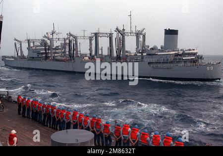 Le navire de la flotte USS CANISTEO (AO-99) se rapproche du navire de guerre USS IOWA (BB-61) en vue d'un réapprovisionnement en cours. Pays : inconnu Banque D'Images