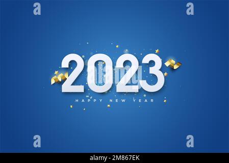 Une bonne année 3D numéro 2023 avec des paillettes et des étoiles sur fond bleu Banque D'Images