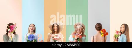 Ensemble de belles femmes avec des fleurs sur fond coloré Banque D'Images