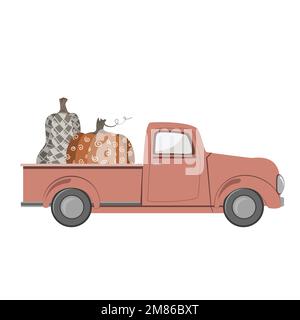 Camion de pick-up rouge vintage avec de jolies grosses citrouilles dans le coffre pour le festival de récolte d'automne. Illustration vectorielle isolée Illustration de Vecteur