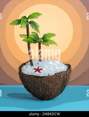 Concept de plage tropicale avec noix de coco et palmier sur table bleue. Idée d'été minimaliste créative. Banque D'Images