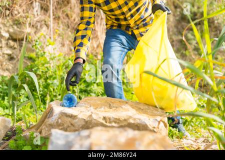 Une personne portant des gants et collectant des plastiques dans une forêt, concept d'écologie Banque D'Images