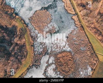 Coucher de soleil sur un lac gelé. Une feuille de glace recouverte de traces animales et d'herbe congelée. Des rayons de soleil tombant sur un lac gelé en hiver. Ombres des arbres o Banque D'Images