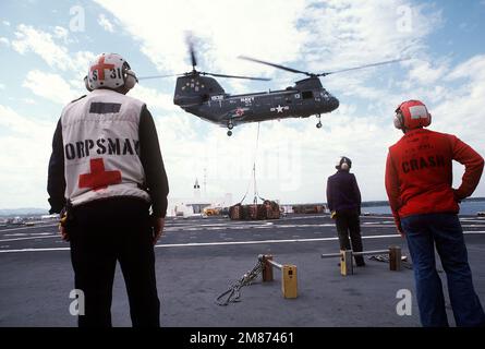 Des membres de équipage de pont de vol se tiennent à bord du navire-hôpital USNS MERCY (T-AH-19) en tant qu'hélicoptère de soutien au combat Squadron 5 (HC-5) le CH-46D Sea Knight ramasse une palette de fournitures médicales pour livraison à terre. Le navire se rend dans divers ports des Philippines au cours de la première phase de sa mission de formation et de service médical humanitaire de cinq mois. Aux Philippines, aux États-Unis Le personnel médical de la Marine, de l'Armée de terre et de la Force aérienne, embarqué à bord DE LA MISÉRICORDE, prodigue des soins aux Philippins indigents, à la fois à terre et à bord d'un navire. Pays: Iles Philippines Banque D'Images