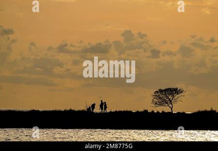 Makassar, Sulawesi du Sud, Indonésie. 12th janvier 2023. Un certain nombre de touristes visitent Pantai Indah Bosowa dans la ville de Makassar, en Indonésie pour profiter de la plage au coucher du soleil. Ce lieu touristique est de plus en plus visité par des touristes de diverses régions du Sud Sulawesi. (Credit image: © Herwin Bahar/ZUMA Press Wire) USAGE ÉDITORIAL SEULEMENT! Non destiné À un usage commercial ! Banque D'Images