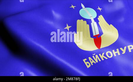 3D Illustration d'un drapeau de la ville de Baïkonour qui agite le Kazakhstan Banque D'Images