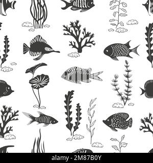 Motif poisson sans coutures. Arrière-plan vectoriel sous-marin. Silhouettes de coraux, d'algues et de poissons isolées sur du blanc. Illustration de Vecteur