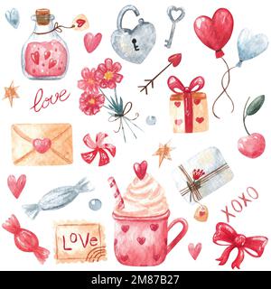 Éléments aquarelle dessinés à la main pour la Saint-Valentin. Symbole de romance, amour comme coeurs, bonbons, fleurs, ballons, cadeaux, lettre Banque D'Images