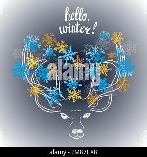 Illustration du vecteur Hello Winter. Cartes de Noël et du nouvel an avec jolis cerfs et flocons de neige. Illustration de Vecteur