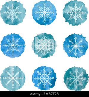 Ensemble de flocons de neige blancs dessinés à la main sur fond bleu aquarelle. Icônes vectorielles. Illustration de Vecteur
