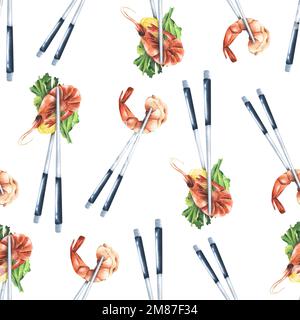 Crevettes cuites, citron et baguettes. Illustration aquarelle. Motif sans couture sur fond blanc de la collection DE CREVETTES. Pour la décoration Banque D'Images