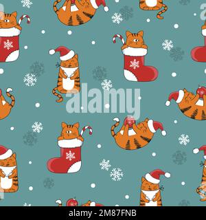 Motif de Noël et du nouvel an sans coutures avec de jolis chats de dessin animé. Arrière-plan Vector Holiday pour animaux de compagnie. Illustration de Vecteur