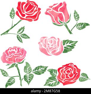 Ensemble d'éléments de conception de fleur de rose aquarelle isolés sur blanc. Illustration florale vectorielle. Illustration de Vecteur