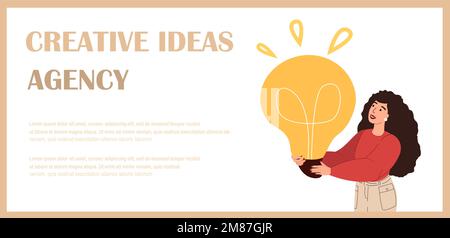 Page d'accueil modèle.concept d'idée d'affaires.fraisage employé avec la lampe.femme créative trouver la solution,répondre au travail avec la lumière bulbe.Happy Manager ,innovation.Flat illustration vectorielle sur blanc Illustration de Vecteur