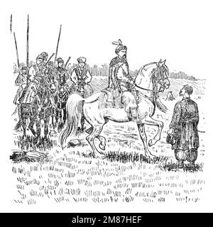 Illustration du livre Bohdan Khmelnytskyi, M. Starytskyi. VERS 1647 : conversation de Bohdan Khmelnytsky avec un paysan au sujet de sa vie. Derrière le Banque D'Images