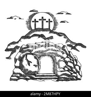 Illustration vectorielle dessinée à la main pour Pâques. Trois croix sur le Calvaire. Vider le cercueil après la résurrection de Jésus-Christ. Illustration de Vecteur