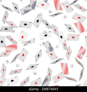 Chute des cartes à jouer et des dés cubes sur blanc. Motif sans couture avec des cartes à jouer en chute avec des symboles de diamants, de clubs, de coeurs, de crades et d'isomerr Illustration de Vecteur