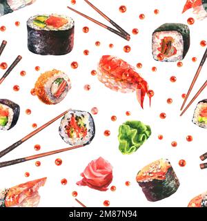 motif aquarelle sans couture avec petits pains à sushis, nigiri, crevettes gunkan, thon et wasabi sur fond clair. Banque D'Images