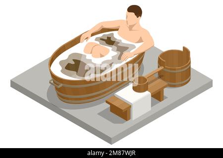 Isométrique homme prenant le bain plein de mousse de savon. Hygiène corporelle, détente. Homme relaxant dans la baignoire. Intérieur de la salle de bains. Illustration de Vecteur