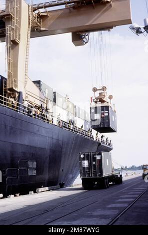 Des conteneurs de fret sont chargés à bord du navire de prépositionnement maritime SS PFC. EUGENE A. OBREGON (T-AK-3006). Le navire participe au premier exercice de déchargement en cours d'eau d'un navire de prépositionnement maritime dans l'océan. L'équipement et les fournitures sont déchargés du navire par la Brigade amphibie marine de 6th et ragés à terre par briquet dans le cadre de l'exercice Solid Shield '87. Opération du sujet : SOLID SHIELD '87 base : Wilmington État : Caroline du Nord (NC) pays : États-Unis d'Amérique (USA) Banque D'Images