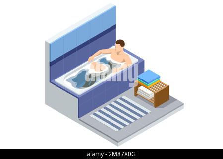 Isométrique homme prenant le bain plein de mousse de savon. Hygiène corporelle, détente. Homme relaxant dans la baignoire. Intérieur de la salle de bains. Illustration de Vecteur