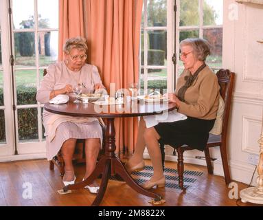 Les résidents d'un sureau mangent un dîner dans le salon de la maison de soins infirmiers, Surrey, Angleterre, Royaume-Uni Banque D'Images