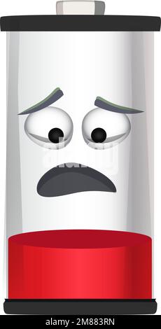 Batterie à faible niveau de charge avec face triste. Mascotte de dessin animé Illustration de Vecteur