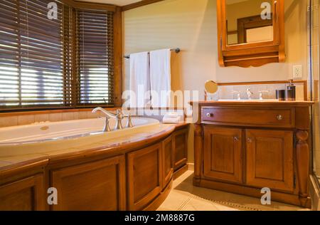 Jacuzzi ovale encastré et meuble-lavabo en bois dans la chambre d'amis du sous-sol salle de bains attenante dans la luxueuse maison en rondins de style scandinave. Banque D'Images