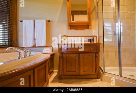 Jacuzzi ovale encastré, meuble de toilette en bois et cabine de douche en verre dans la chambre d'amis du sous-sol salle de bains attenante dans la luxueuse maison en rondins de style scandinave. Banque D'Images