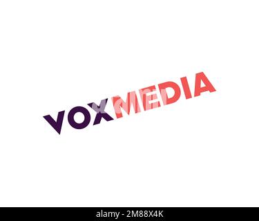 VOX Media, logo pivoté, fond blanc Banque D'Images