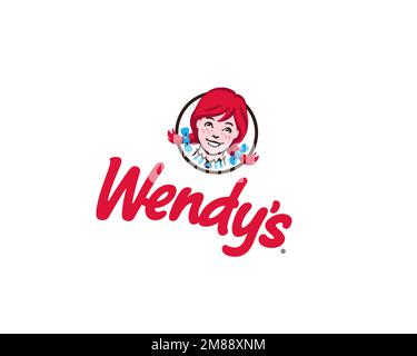 Wendy's, logo pivoté, arrière-plan blanc B Banque D'Images