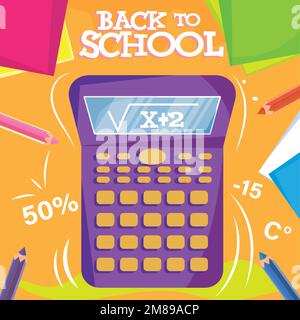 Calculatrice mathématique cartoonish isolée Retour à l'école affiche colorée Vector Illustration de Vecteur
