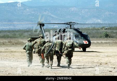 Les soldats transportent une litière transportant un membre blessé de la division aéroportée 82nd vers un hélicoptère d'évacuation médicale UH-60 Black Hawk (Blackhawk) en attente. Cinq membres de la 82nd Airborne Division ont été blessés lors d'un saut conjoint entre les États-Unis et le Honduras au cours d'une mobilisation de la force opérationnelle américaine Dragon/Golden Pheasant, composée à la fois de la 82nd Airborne Division et de la 7th Light Infantry Division. Le groupe de travail a été déployé par le président Ronald Reagan pour aider à décourager les forces nicaraguayennes d'entrer au Honduras. Sujet opération/série: BASE DE FAISAN DRAGON/GOLDEN: Tamara pays: Honduras (HN Banque D'Images