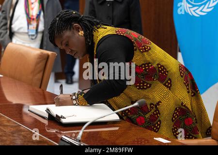 Le Secrétaire général Antonio Guterres rencontre Francia Marquez Mina, Vice-Présidente de la République de Colombie au Siège de l'ONU à New York sur 12 janvier 2023 Banque D'Images