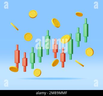 3D diagramme de croissance des stocks avec des pièces d'or. Illustration de Vecteur